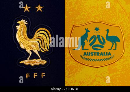 Close up of National Football team crest on home kit. FIFA World Cup Qatar 2022. Stock Photo