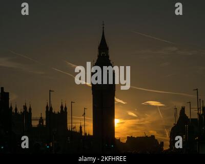 Elizabeth Tower or Big Ben in silouette as the sun sets over London, England. Stock Photo