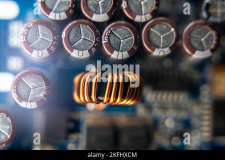 Background of various electronic components on printed circuit board  Stock Photo