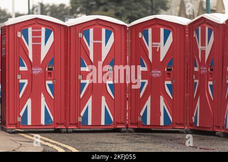 Taken at the Rochdale Feelgood Festival in Rochdale Greater Manchester on 18 August 2018. Portable toilet blocks with the union flag painted on them. Stock Photo