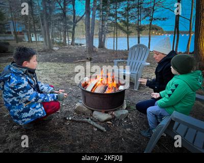 Caucasian mother with sons roasting marshmallows over campfire while sitting on chairs in forest during sunset Stock Photo