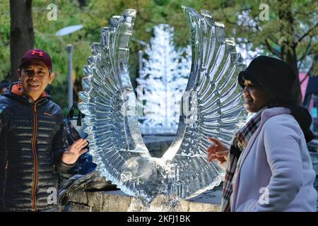 London, UK. 18th November, 2022. Visitors pose beside an ice sculpture of an eagle at the Winter Ice Festival. It is taking place across the Canary Wharf estate on three days - from Thursday 17th to the evening of Saturday 19th, when visitors can observe large-scale ice sculptures being created, wander along the trail of 15 frozen endangered animals, and can take part in hands-on activities; sculpting their own polar bear or carving on an icy grafitti wall.  Credit: Eleventh Hour Photography/Alamy Live News Stock Photo