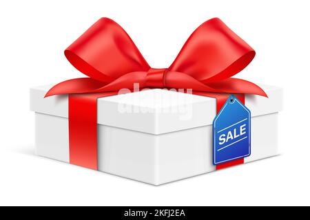 White gift box wrapped with red ribbon, and hanging tag with SALE text isolated on white background. Gifts promo discount realistic vector illustration. Stock Vector