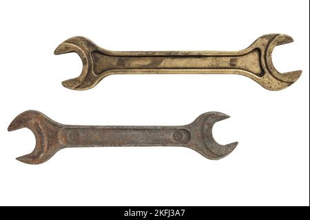 Old rusty wrenches, spanners isolated on white background. Stock Photo