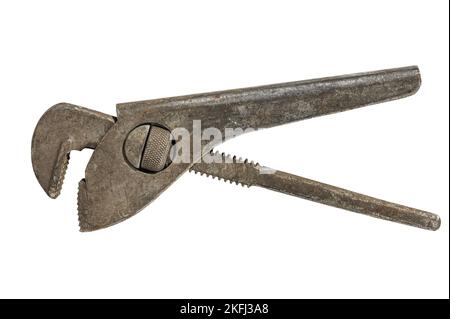 old used pipe wrench. gas wrench isolated on white background Stock Photo