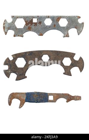 old rusty bicycle universal wrenches. set spanners isolated on white background. Stock Photo