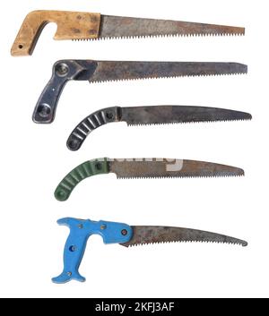 set of old vintage garden hand pruning saws. Tree saw designed for single-hand use, isolated on white background Stock Photo