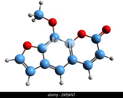 3D image of Xanthotoxin skeletal formula - molecular chemical structure of  furanocoumarin Methoxsalen isolated on white background Stock Photo