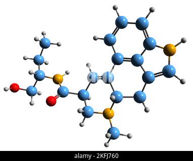 3D image of Methylergometrine skeletal formula - molecular chemical structure of  smooth muscle constrictor isolated on white background Stock Photo