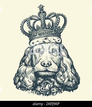 Portrait beautiful DOG with royal crown. Pet animal, cute puppy in vintage engraving style. Sketch vector illustration Stock Vector