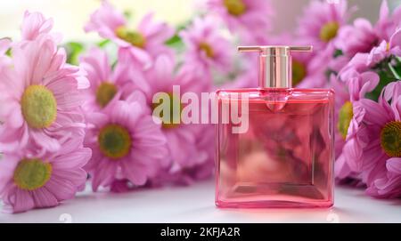 A perfume bottle surrounded by pink chrysanthemum flowers. Eau de toilette, eau de parfum, beauty concept Stock Photo