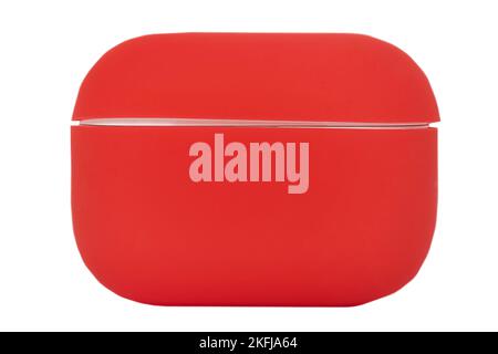 A case with wireless headphones in a red cover. Modern technologies for talking on the phone. Stock Photo