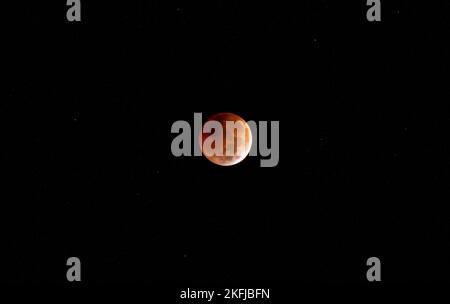 Night sky image of a blood moon lunar eclipse that is near totality, seen from Florida in the very early morning Stock Photo