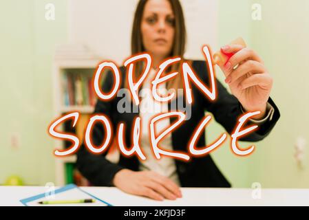 Handwriting text Open Source. Word Written on denoting software which original source code freely available Stock Photo