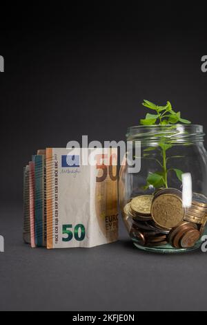 Euro banknotes on a dark background. Fifty euro banknote concept next to a glass jar with plant growing in saving coins. Copy space. Stock Photo