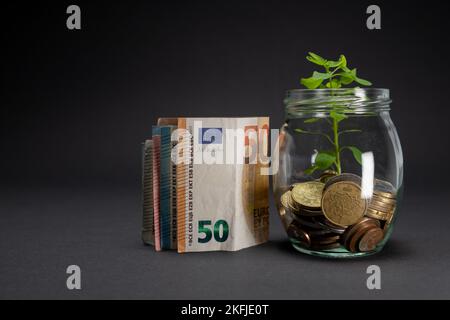 Euro banknotes on a dark background. Fifty euro banknote concept next to a glass jar with plant growing in saving coins. Copy space. Stock Photo