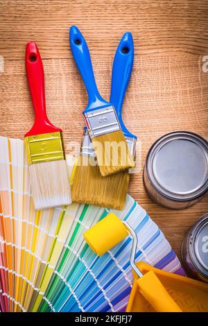 paint brushes roller tray cans color palette Stock Photo