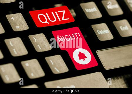 Hand writing sign Quiz Night. Word for evening test knowledge competition between individuals Stock Photo