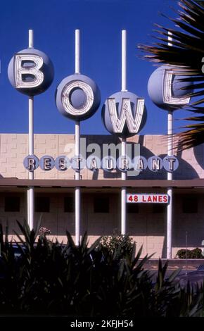 Googie style BOWL sign at bowling alley, Los Angeles, CA Stock Photo