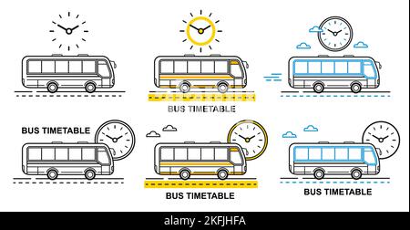 Bus timetable, travel schedule time, arrival, departure hour city public passenger transport line icon. Autobus with clock. Road tourist trip. Vector Stock Vector