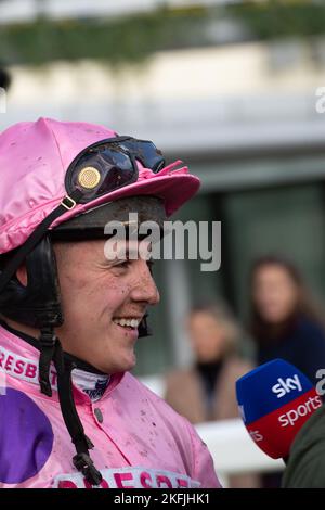 Ascot, Berkshire, UK. 18th November, 2022. Jockey Connor Brace winner of the Wood and Wood Signs National Hunt Maiden Hurdle Race at Ascot Racecourse Stock Photo