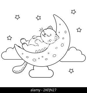 Contour illustration of a cute cat sleeping on the moon. Vector coloring book. Stock Vector