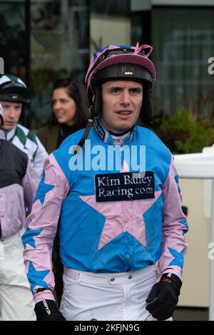 Ascot, Berkshire, UK. 18th November, 2022. Jockey David Bass in the Parade Ring before riding in the Not Forgotten Handicap Steeple Chase Stock Photo