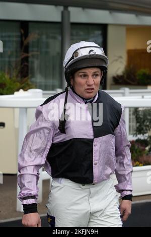 Ascot, Berkshire, UK. 18th November, 2022. Jockey Jamie Moore in the Parade Ring before riding in the Not Forgotten Handicap Steeple Chase Stock Photo