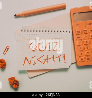 Hand writing sign Quiz Night. Business idea evening test knowledge competition between individuals Stock Photo