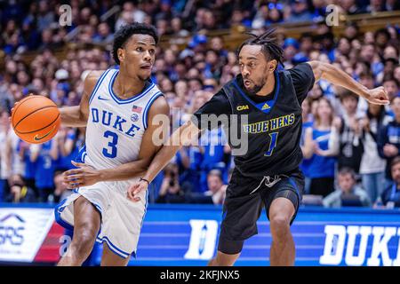 November 18, 2022: Duke Blue Devils guard Jeremy Roach (3) drives to the basket against Delaware Fightin Blue Hens guard L.J. Owens (1) during the first half of the NCAA basketball matchup at Cameron Indoor in Durham, NC. (Scott Kinser/Cal Sport Media) Stock Photo