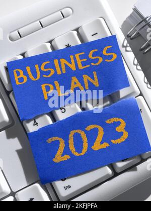 Sign displaying Business Plan 2023. Business overview Challenging Business Ideas and Goals for New Year Stock Photo