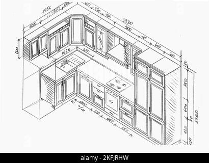 drawing, sketch of kitchen furniture with dimensions Stock Photo