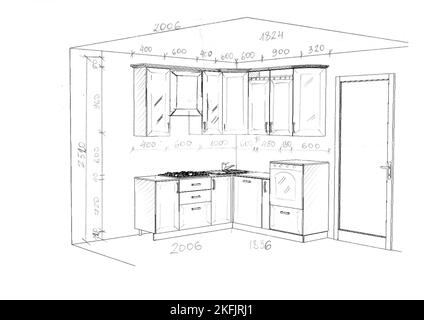 drawing, sketch of kitchen furniture with dimensions Stock Photo