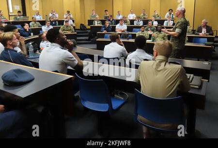 220920-F-QF645-0486 Master Gunnery Sgt. Scott Stalker, U.S. Space Command, Command Senior Enlisted Leader, briefs cadets about the space domain at the U.S. Air Force Academy in Colorado Springs, Sept. 20, 2022. Topics included leadership concepts and joint force integration. He ended the briefing with a questions and answers segment where they discussed different space occupations and how space base capabilities impact real world events. U.S. Air Force Academy,U.S. Space Command,USSPACECOM,usafa, Stock Photo