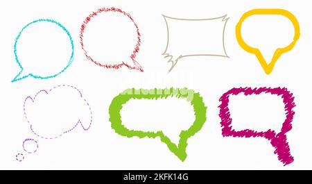 Strange doodle scribble textboxes, colored speech bubbles. Flat illustration isolated on white background. Stock Photo