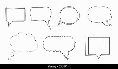 Strange doodle scribble textboxes, black speech bubbles. Flat illustration isolated on white background. Stock Photo