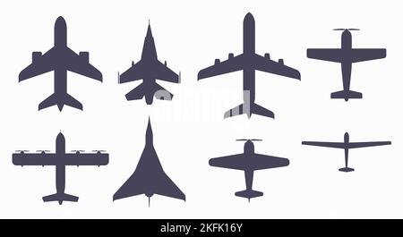 Eight aircraft of different types airplane silhouette. Passenger and military. Jet and propeller. Aircraft top view icon. Flat illustration isolated o Stock Photo