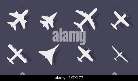 Eight aircraft of different types airplane silhouette with shadow. Passenger and military. Jet and propeller. Aircraft top view icon. Flat illustratio Stock Photo