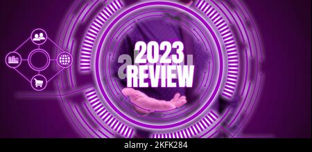 Conceptual caption 2023 Review. Internet Concept seeing important events or actions that made previous year Stock Photo