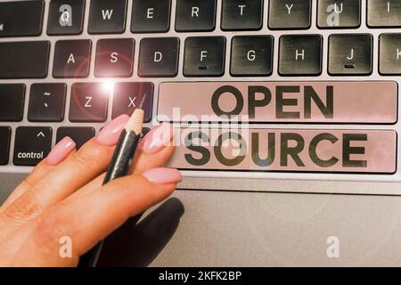 Text sign showing Open Source. Word for denoting software which original source code freely available Stock Photo