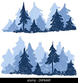 Hand drawn illustration of blue forest mountain. Winter pine fir tree landscape, peak range camping hiking, outdoor nature fabric print, wood woodland alpine design Stock Photo