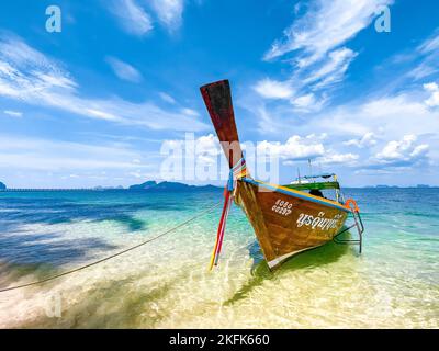 Beach view and long tail boat in Koh Kradan island in Trang, Thailand Stock Photo