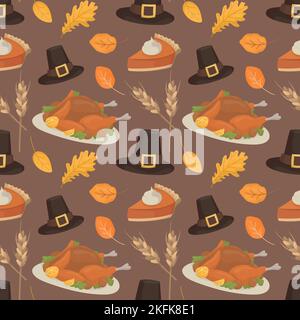 Colorful repetitive pattern background of Thanksgiving holiday celebration related things, made of simple vector illustrations. Stock Vector