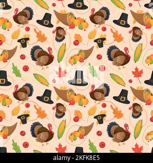 Colorful repetitive pattern background of Thanksgiving holiday celebration related things, made of simple vector illustrations. Stock Vector