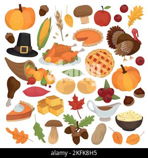 Thanksgiving holiday celebration related things and objects. Collection of hand drawn, vector cartoon illustrations. Stock Vector