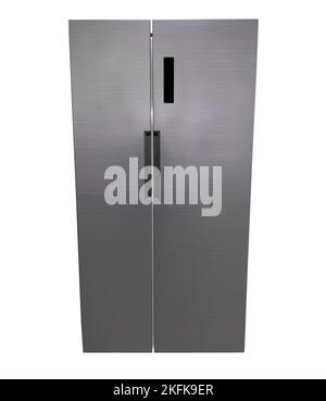 New refrigerator isolated on white background. Front view of modern stainless steel refrigerator.  Fridge freezer isolated Stock Photo