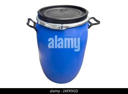 Plastic barrel container isolated on white background. Plastic storage drum. Big blue barrel isolated on white. Stock Photo