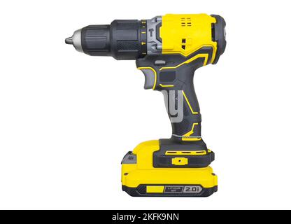 Cordless battery screwdriver drill isolated on white background. New cordless screwdriver isolated . Stock Photo