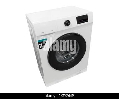 Washing machine isolated over white background. White front load washing machine isolated. Modern washer with electronic control panel. Stock Photo