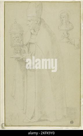 A Bishop Carrying a Reliquary with a Skull and Study of Two Hands Holding a Reliquary of a Female Saint, n.d. School of Eustache Le Sueur. Stock Photo